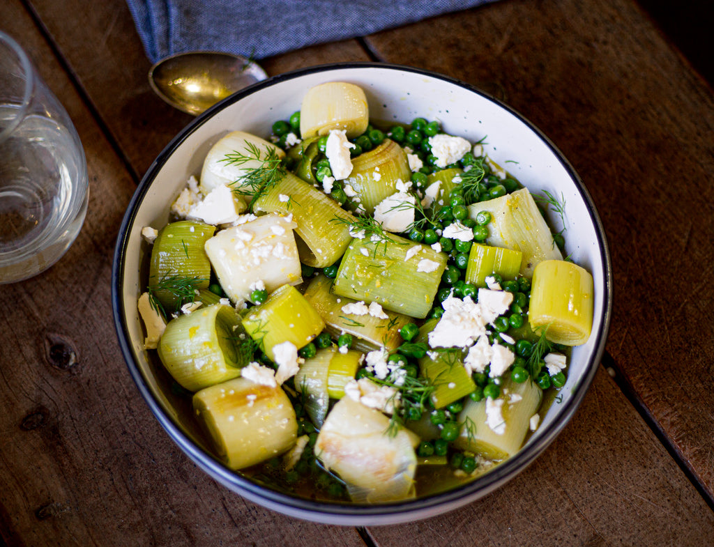 Braised Leeks and Peas with Feta and Dill